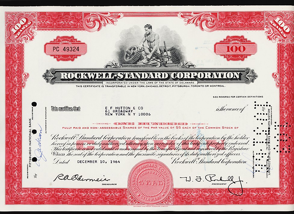 Rockwell Standard Corporation issued to E F Hutton Co