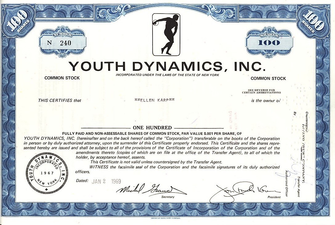 YOUTH DYNAMICS, INC Billings MT old stock certificate  